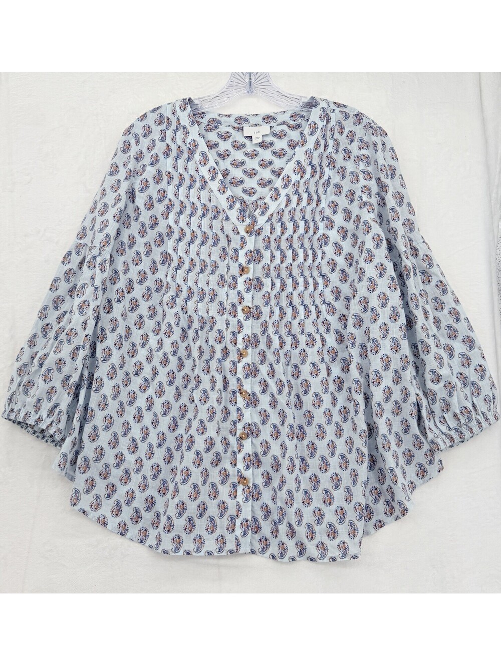 J Jill Top Large Blue Floral Madeira Pintuck Blouse 100% Cotton 3/4 Sleeve Women - Picture 2 of 9